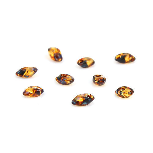 Picture of (Japan Import) Glass Picasso Coated Long Magatama Seed Beads Brown Smoked Transparent About 8mm x 4mm - 7mm x 4mm, Hole: Approx 1.3mm, 10 Grams (Approx 8 PCs/Gram)