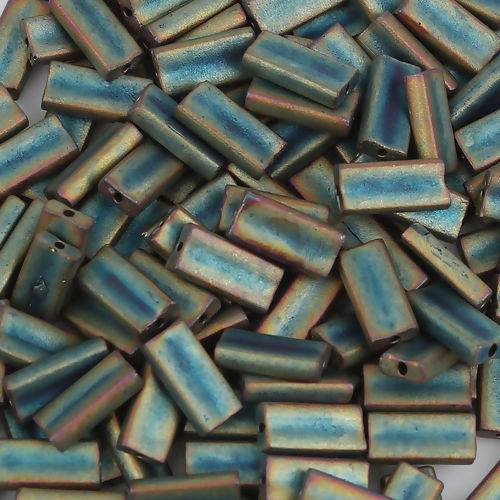 Picture of (Japan Import) Glass Oblong Seed Beads Rectangle Sage Green Metallic Frosted About 9mm x 4mm, Hole: Approx 0.6mm, 5 Grams (Approx 6 PCs/Gram)