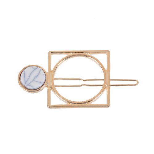Picture of Hair Clips Findings Round Gold Plated White Marble Effect 56mm x 30mm, 2 PCs