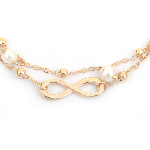 Image de Style Bohème Chaînes de Cheville Double Couche Doré Blanc Symbole"Infini" Imitation Perles 22.3cm long, 1 Pièce