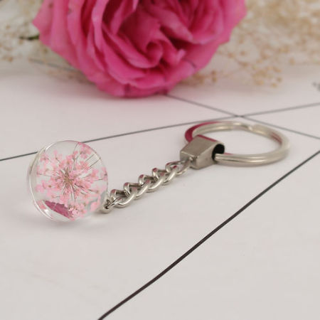 Real Dried Flower Transparent Glass Globe Bubble Bottle Keychain & Keyring Silver Tone Yellow 9.5cm, 2 PCs