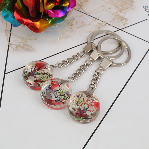 Picture of Real Dried Flower Transparent Glass Globe Bubble Bottle Keychain & Keyring Tree Silver Tone White At Random 9.8cm, 1 Piece
