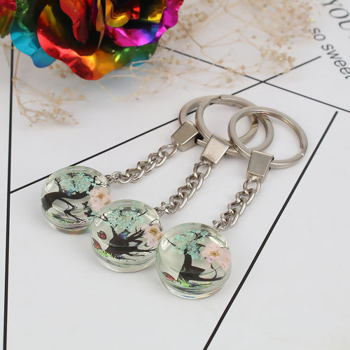 Picture of Real Dried Flower Transparent Glass Globe Bubble Bottle Keychain & Keyring Tree Silver Tone Mint Green At Random 9.8cm, 1 Piece