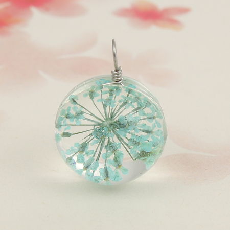 Picture of Real Dried Flower Transparent Glass Globe Bubble Bottle Charms Mint Green 28mm(1 1/8") x 20mm( 6/8"), 2 PCs