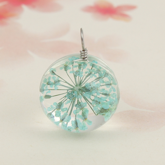 Picture of Real Dried Flower Transparent Glass Globe Bubble Bottle Charms Mint Green 28mm(1 1/8") x 20mm( 6/8"), 2 PCs
