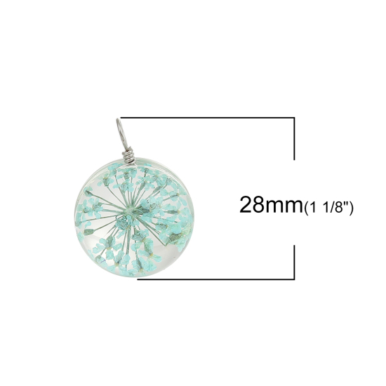 Picture of Real Dried Flower Transparent Glass Globe Bubble Bottle Charms Mint Green 28mm(1 1/8") x 20mm( 6/8"), 2 PCs