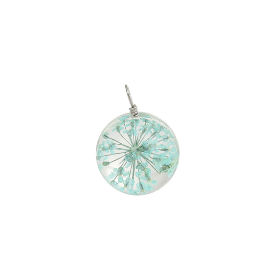 Picture of Real Dried Flower Transparent Glass Globe Bubble Bottle Charms Mint Green 28mm(1 1/8") x 20mm( 6/8"), 2 PCs