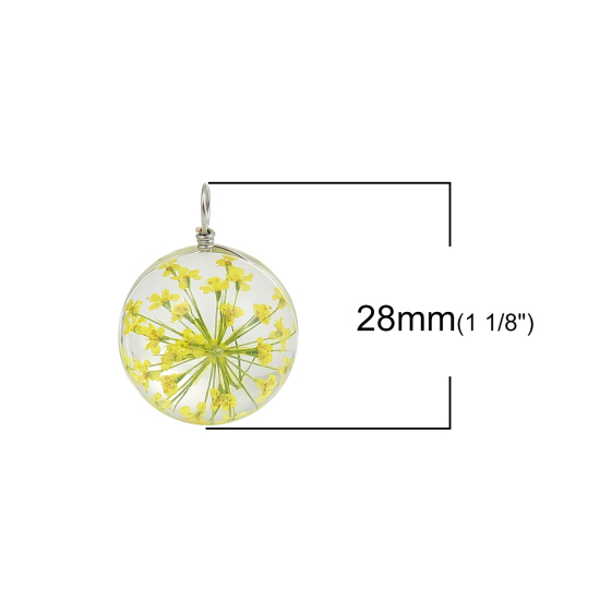 Picture of Real Dried Flower Transparent Glass Globe Bubble Bottle Charms Yellow 28mm(1 1/8") x 20mm( 6/8"), 2 PCs