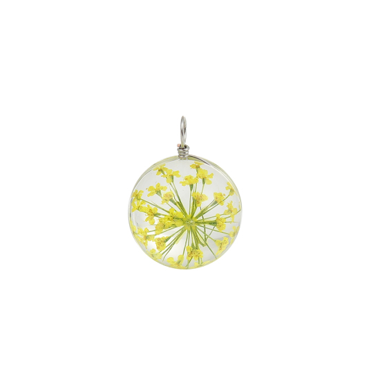 Picture of Real Dried Flower Transparent Glass Globe Bubble Bottle Charms Yellow 28mm(1 1/8") x 20mm( 6/8"), 2 PCs