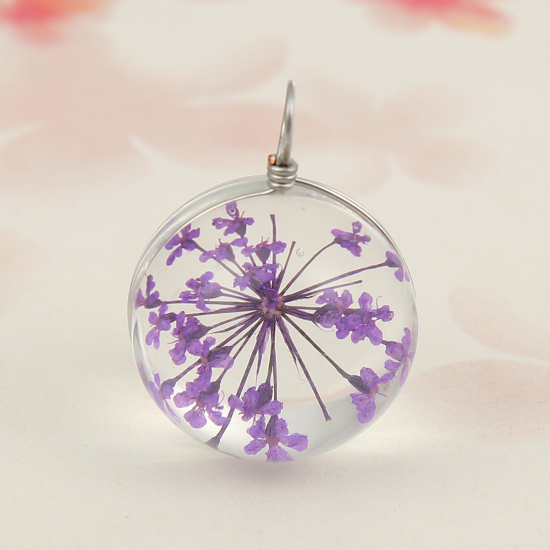 Picture of Real Dried Flower Transparent Glass Globe Bubble Bottle Charms Purple 28mm(1 1/8") x 20mm( 6/8"), 2 PCs