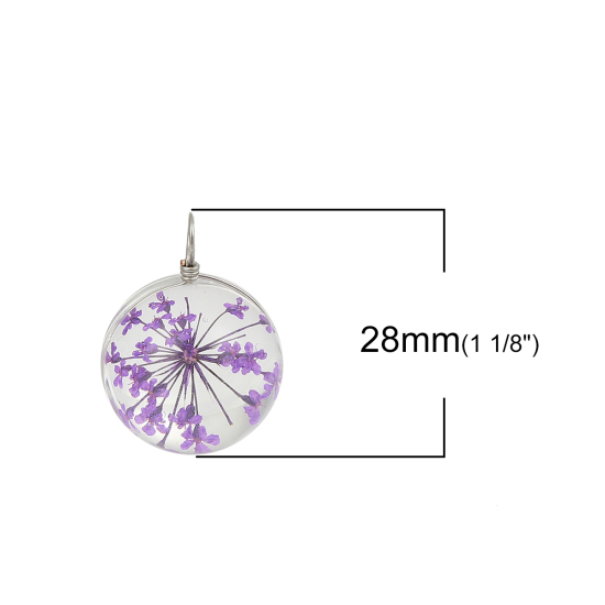 Picture of Real Dried Flower Transparent Glass Globe Bubble Bottle Charms Purple 28mm(1 1/8") x 20mm( 6/8"), 2 PCs