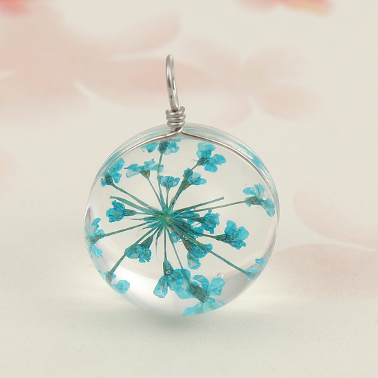 Picture of Real Dried Flower Transparent Glass Globe Bubble Bottle Charms Lake Blue 28mm(1 1/8") x 20mm( 6/8"), 2 PCs