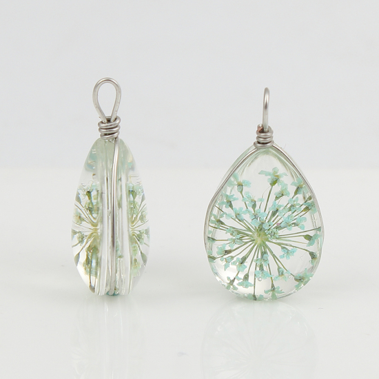 Picture of Real Dried Flower Transparent Glass Globe Bubble Bottle Charms Drop Mint Green 25mm(1") x 13mm( 4/8"), 2 PCs