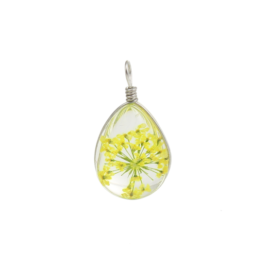 Picture of Real Dried Flower Transparent Glass Globe Bubble Bottle Charms Drop Yellow 25mm(1") x 13mm( 4/8"), 2 PCs