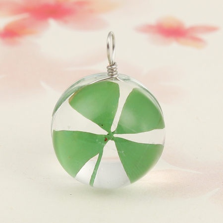 Picture of Real Four Leaf Clover Transparent Glass Globe Bubble Bottle Charms Green 28mm(1 1/8") x 20mm( 6/8"), 2 PCs