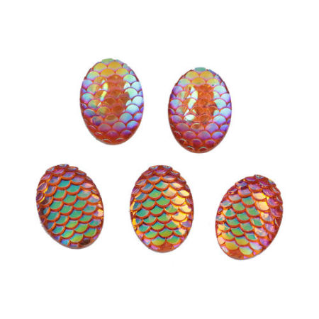 Picture of Resin Mermaid Fish/ Dragon Scale Dome Seals Cabochon Oval Orange AB Color 18mm( 6/8") x 13mm( 4/8"), 50 PCs