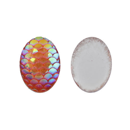 Bild von Harz Meerjungfrau/Drachen Fischschuppen Dom Cabochon Verzierung Oval Orange AB Farbe 18mm x 13mm , 50 Stück