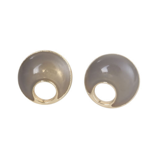 Picture of Zinc Based Alloy Ear Post Stud Earrings Findings Round Gold Plated Gray W/ Loop Enamel 9mm, Post/ Wire Size: (21 gauge), 10 PCs