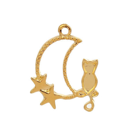 Bild von Zinklegierung Offene Lünette Anhänger für Harz Vergoldet Halbmond Katze 27mm x 22mm, 10 Stück