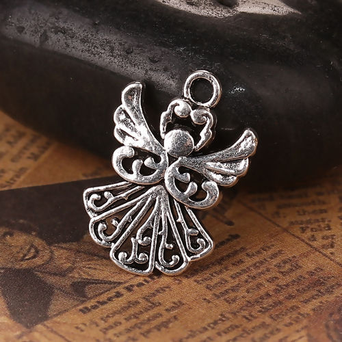 Picture of Zinc Based Alloy Charms Angel Antique Silver Color 20mm( 6/8") x 14mm( 4/8"), 50 PCs