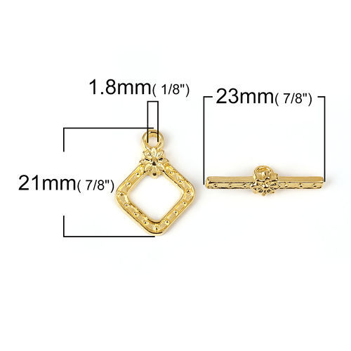 Picture of Zinc Based Alloy Toggle Clasps Rhombus Gold Plated Flower 21mm x 16mm 23mm x 6mm, 50 Sets