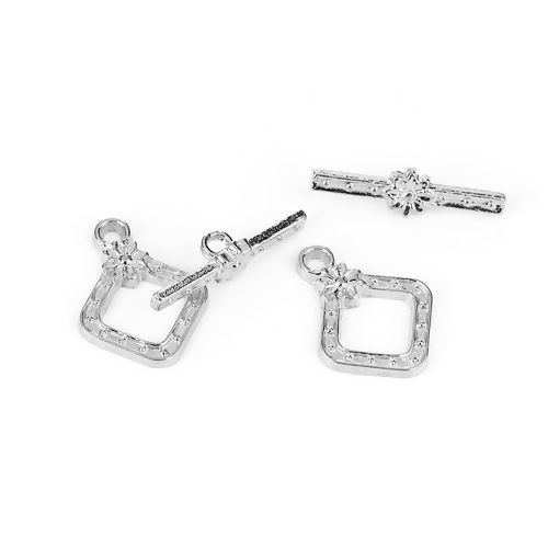 Picture of Zinc Based Alloy Toggle Clasps Rhombus Silver Tone Flower 21mm x 16mm 23mm x 6mm, 50 Sets