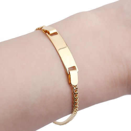 Picture of 1 Piece Vacuum Plating 304 Stainless Steel Blank Stamping Tags Bracelets Rectangle Gold Plated One-sided Polishing 19.5cm(7 5/8") long