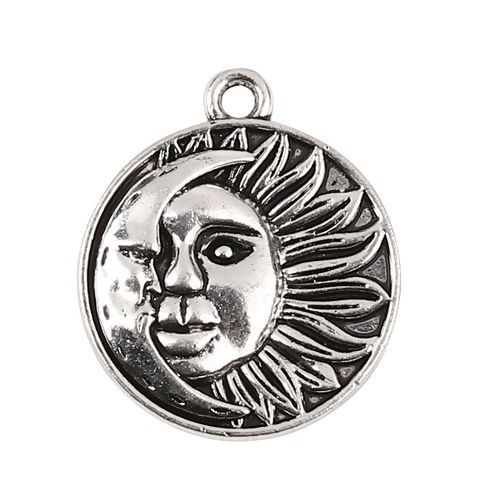 Picture of Zinc Based Alloy Boho Chic Charms Round Disc Antique Silver Color Sun And Moon Face 29mm(1 1/8") x 25mm(1"), 20 PCs