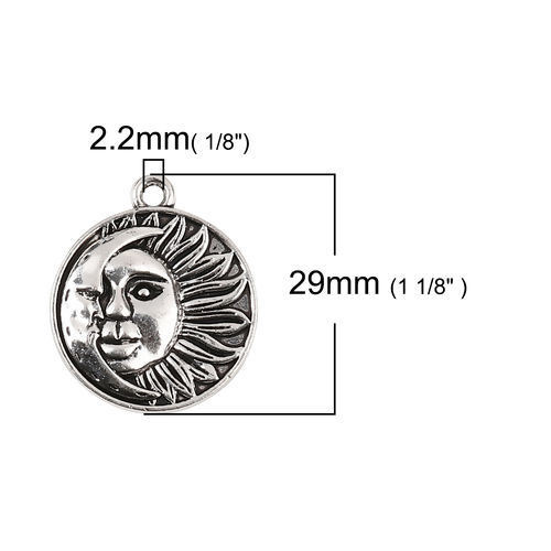 Picture of Zinc Based Alloy Boho Chic Charms Round Disc Antique Silver Color Sun And Moon Face 29mm(1 1/8") x 25mm(1"), 20 PCs