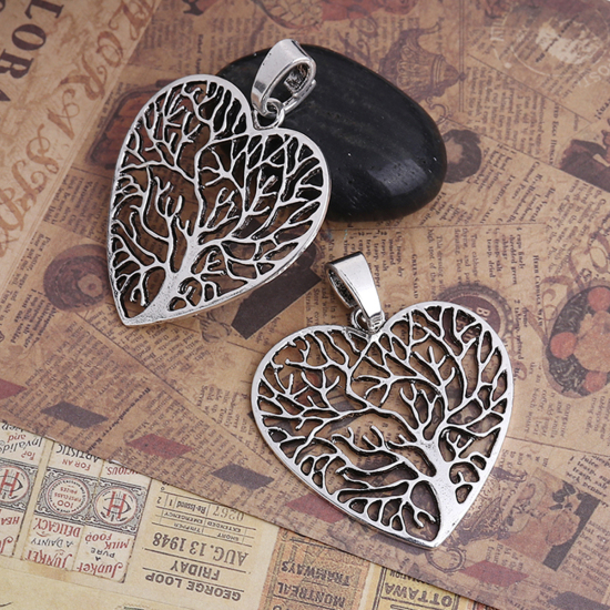 Picture of Zinc Based Alloy Pendants Heart Antique Silver Color Tree 64mm(2 4/8") x 50mm(2"), 3 PCs
