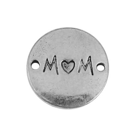 Image de Connecteurs en Alliage de Zinc Rond Argent Vieilli Gravé Caractère " Mom" 15mm Dia, 20 Pcs