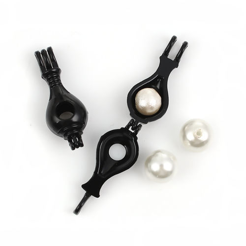 Bild von Zinklegierung 3D Wunsch Perlenkäfig Schmuck Anhänger Blumenvase Schwarz Zum Öffnen (Für Perlengröße: 8mm) 32mm x 12mm, 2 Stück