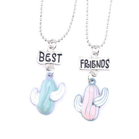 Picture of Best Friends Necklace Silver Tone Green Blue Cactus Message " BEST FRIENDS " Enamel 42cm(16 4/8") long, 1 Set ( 2 PCs/Set)