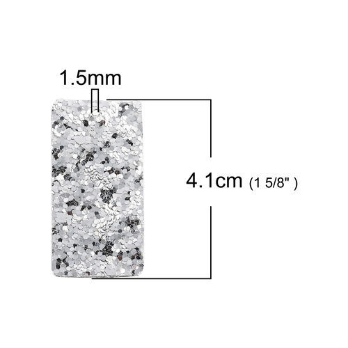人造皮革 スパンコール ペンダント 長方形 シルバー 41mm x 21mm、 10 個 の画像