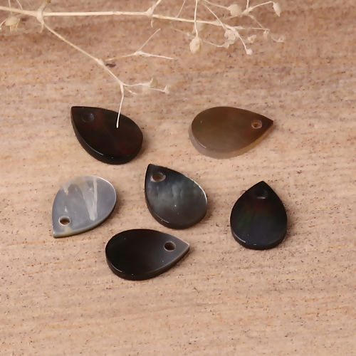 Picture of Natural Shell Loose Beads Drop Black White AB Rainbow Color About 9mm x 6mm, Hole:Approx 0.7mm, 10 PCs