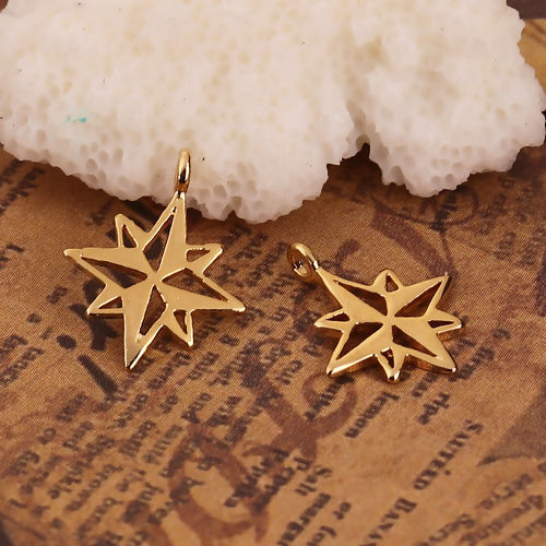 Picture of Brass Galaxy Charms Star 18K Real Gold Plated 14mm( 4/8") x 11mm( 3/8"), 3 PCs