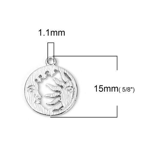 Picture of Brass Galaxy Charms Round Real Platinum Plated Sun And Moon Face 15mm( 5/8") x 13mm( 4/8"), 3 PCs                                                                                                                                                             