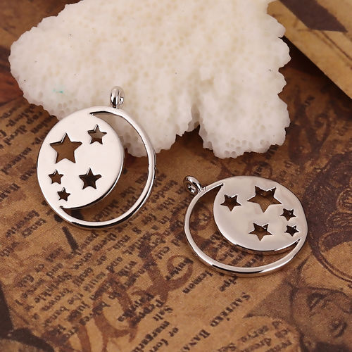 Picture of Brass Galaxy Charms Round Real Platinum Plated Star 18mm( 6/8") x 15mm( 5/8"), 3 PCs