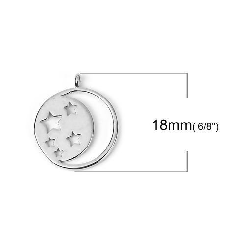 Picture of Brass Galaxy Charms Round Real Platinum Plated Star 18mm( 6/8") x 15mm( 5/8"), 3 PCs