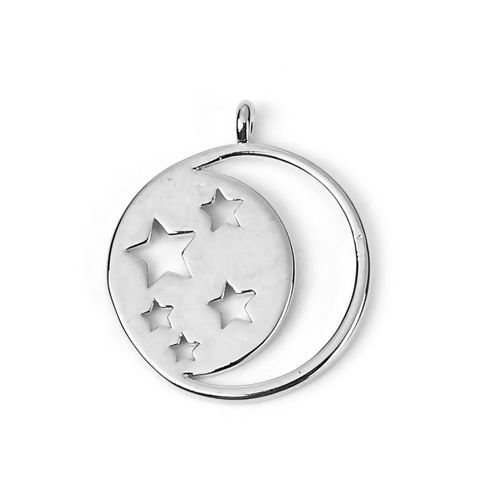 Picture of Brass Galaxy Charms Round Real Platinum Plated Star 18mm( 6/8") x 15mm( 5/8"), 3 PCs