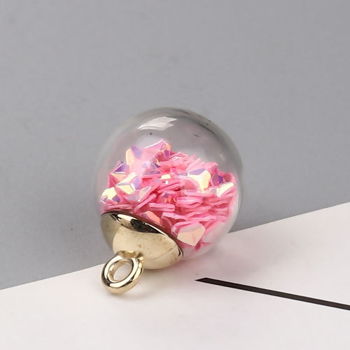 Picture of Zinc Based Alloy Transparent Glass Globe Bubble Bottle Charms Round Pink AB Rainbow Color Sequins 21mm( 7/8") x 16mm( 5/8"), 10 PCs