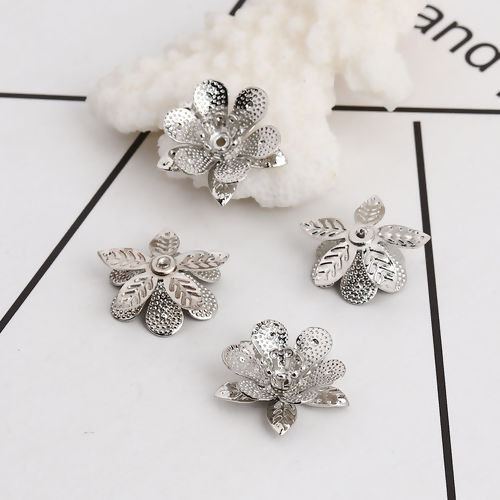 Picture of Brass Beads Caps Flower Silver Tone (Fit Beads Size: 18mm Dia.) 16mm( 5/8") x 16mm( 5/8"), 10 PCs                                                                                                                                                             