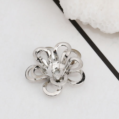 Picture of Brass Beads Caps Flower Silver Tone (Fit Beads Size: 14mm Dia.) 12mm( 4/8") x 12mm( 4/8"), 10 PCs                                                                                                                                                             