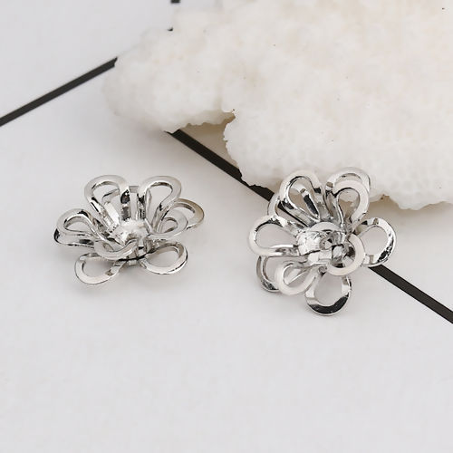 Picture of Brass Beads Caps Flower Silver Tone (Fit Beads Size: 14mm Dia.) 12mm( 4/8") x 12mm( 4/8"), 10 PCs                                                                                                                                                             