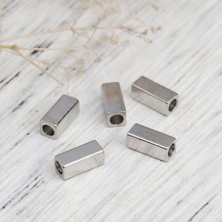 Brass Beads Rectangle Silver Tone About 7mm( 2/8") x 3mm( 1/8"), Hole: Approx 1.9mm, 50 PCs
