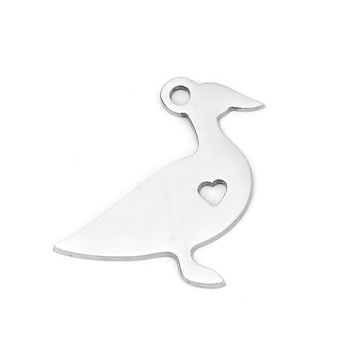Picture of 201 Stainless Steel Pet Silhouette  Charms Duck Silver Tone Heart 19mm( 6/8") x 17mm( 5/8"), 3 PCs