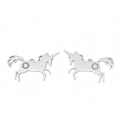 Picture of 201 Stainless Steel Pet Silhouette Pendants Horse Silver Tone Flower 34mm(1 3/8") x 20mm( 6/8"), 3 PCs