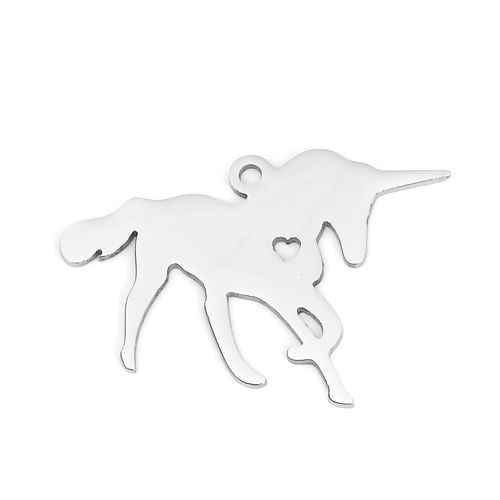 Picture of 201 Stainless Steel Pet Silhouette Pendants Horse Silver Tone Heart 30mm(1 1/8") x 20mm( 6/8"), 3 PCs
