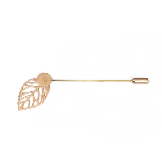 Picture of Zinc Based Alloy Stick Brooches Findings Leaf Light Golden Cabochon Settings (Fits 10mm Dia.) 85mm(3 3/8") x 27mm(1 1/8"), 10 PCs
