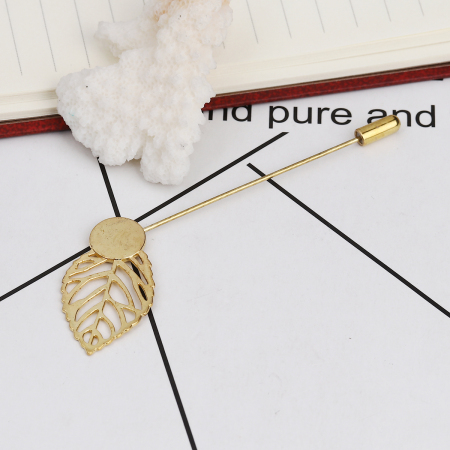 Picture of Zinc Based Alloy Cabochon Settings Pin Brooches Findings Leaf Gold Plated (Fits 9mm Dia.) 85mm x 26mm, 10 PCs